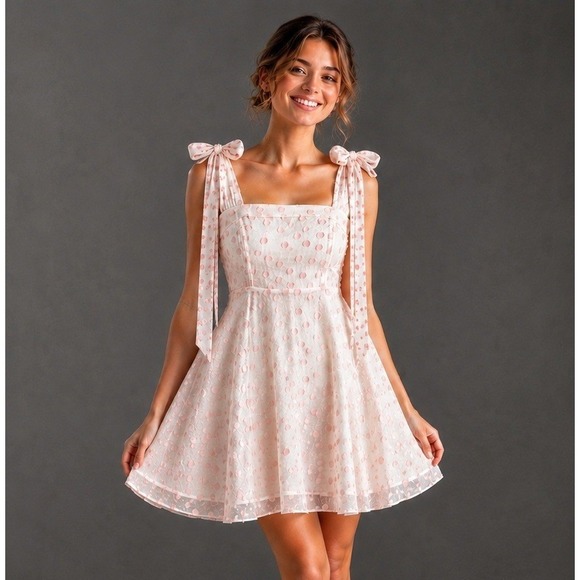Mable Dresses & Skirts - Mable Women Dress M White Pastel Pink Polka Dot Organza Mini Coquette Soft Girl